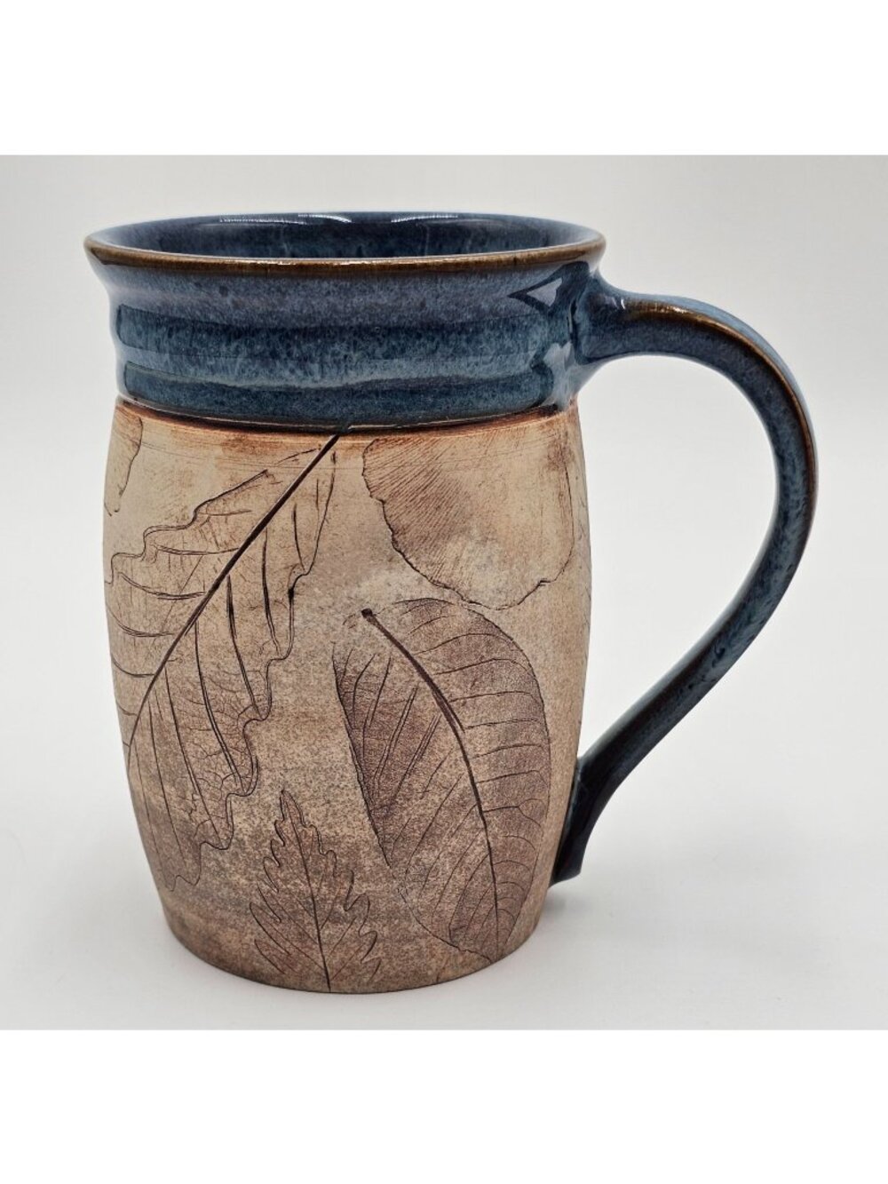 Handcrafted Signed Julia E Dean Ceramic Mug Woodland Leaf Imprints & Blue Glaze